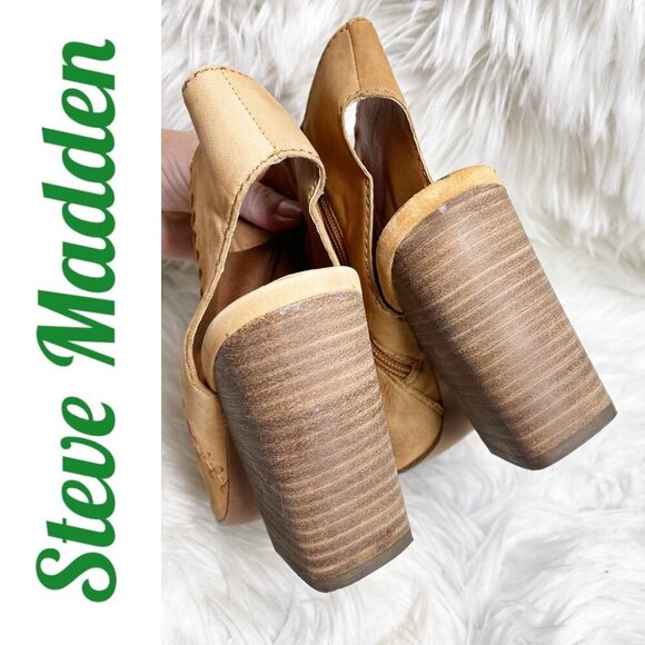STEVE MADDEN MINGLE TAN LEATHER OPEN TOE OPEN HEEL BLOCK HEEL BOOTIE, SIZE 8 - Picture 5 of 13